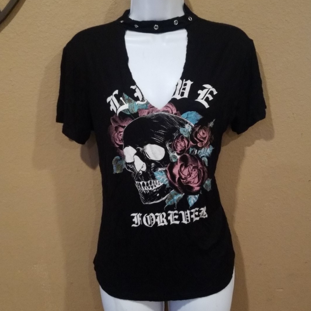 Rebel society stretchy distressed cut out top